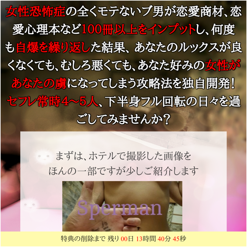 セフレ常時４～５人、毎週違う女性とホテルに通う下半身フル回転の男が実践する女の脳を支配するオペレーション！スペルマン中川誠司の「恋愛商材マニアがついに見つけた恋愛の最終的な答え」（特典サポート無し）