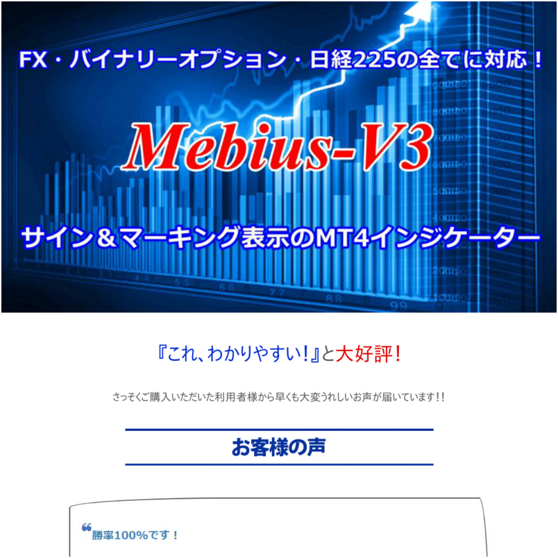 『Mebius-V3』 サイン＆マーク表示付 MT4インジケーター　FX、バイナリーオプション、日経225の全てに対応！